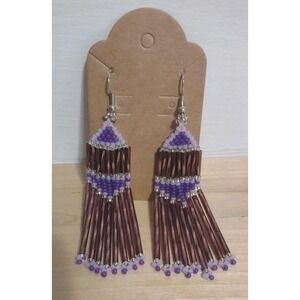 Handmade Purple Bronze Beaded Fringe Earrings Boho Geometric Drop Dangle Hook